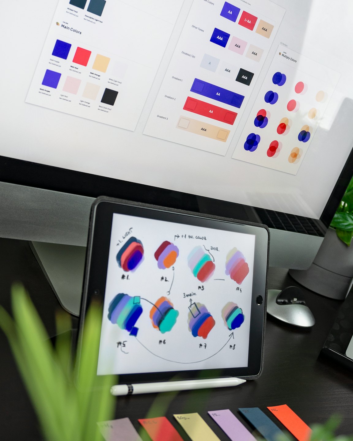 Computerbildschirm und Tablet mit Designarbeiten und Farbfeldern.